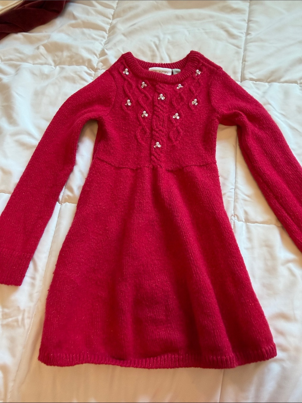 Girls Red Knit Dress with Pearl Accent